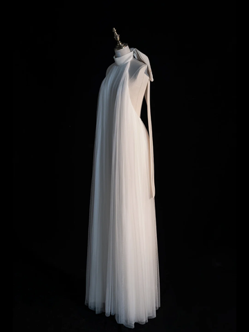 Simple A Line Halter White Tulle Long Open Back Party Dress Evening Dress HZ1023